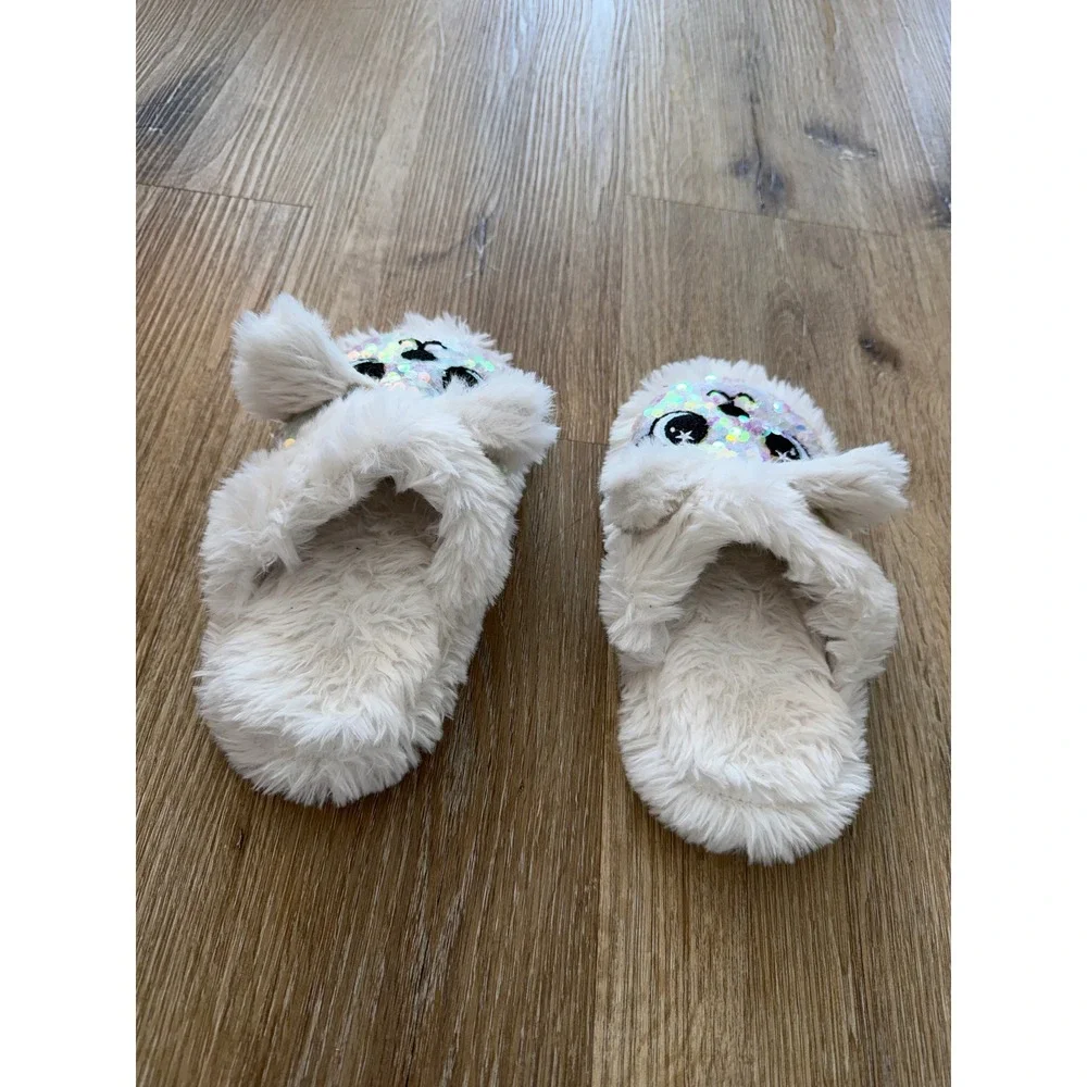 Whimsygoth Llama Sequin Faux Fur Slippers Kids M 12/13 Ivory White Loungewear